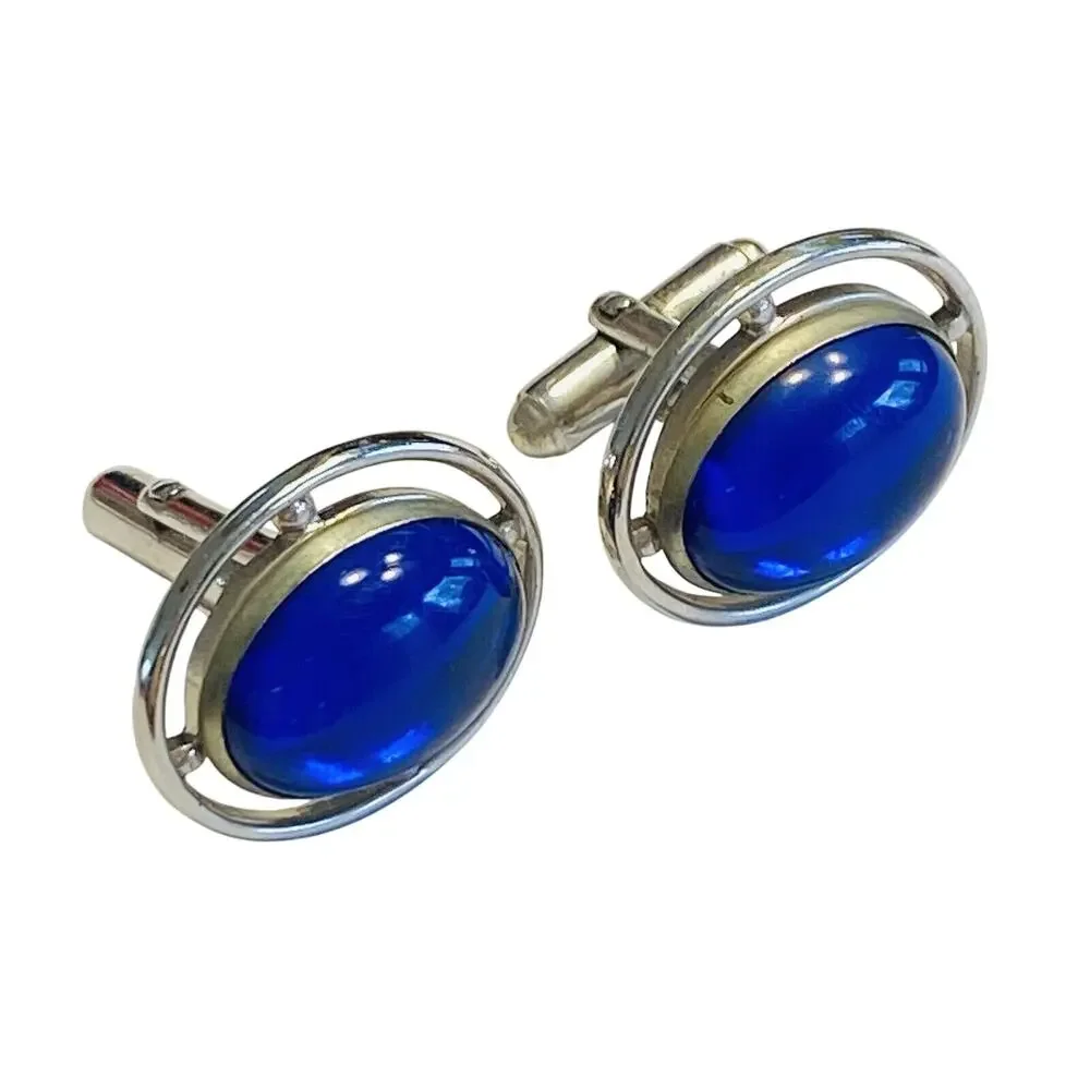 Vintage Anson Cufflinks Silvertone & Blue Jelly Belly Polished Stone Centers
